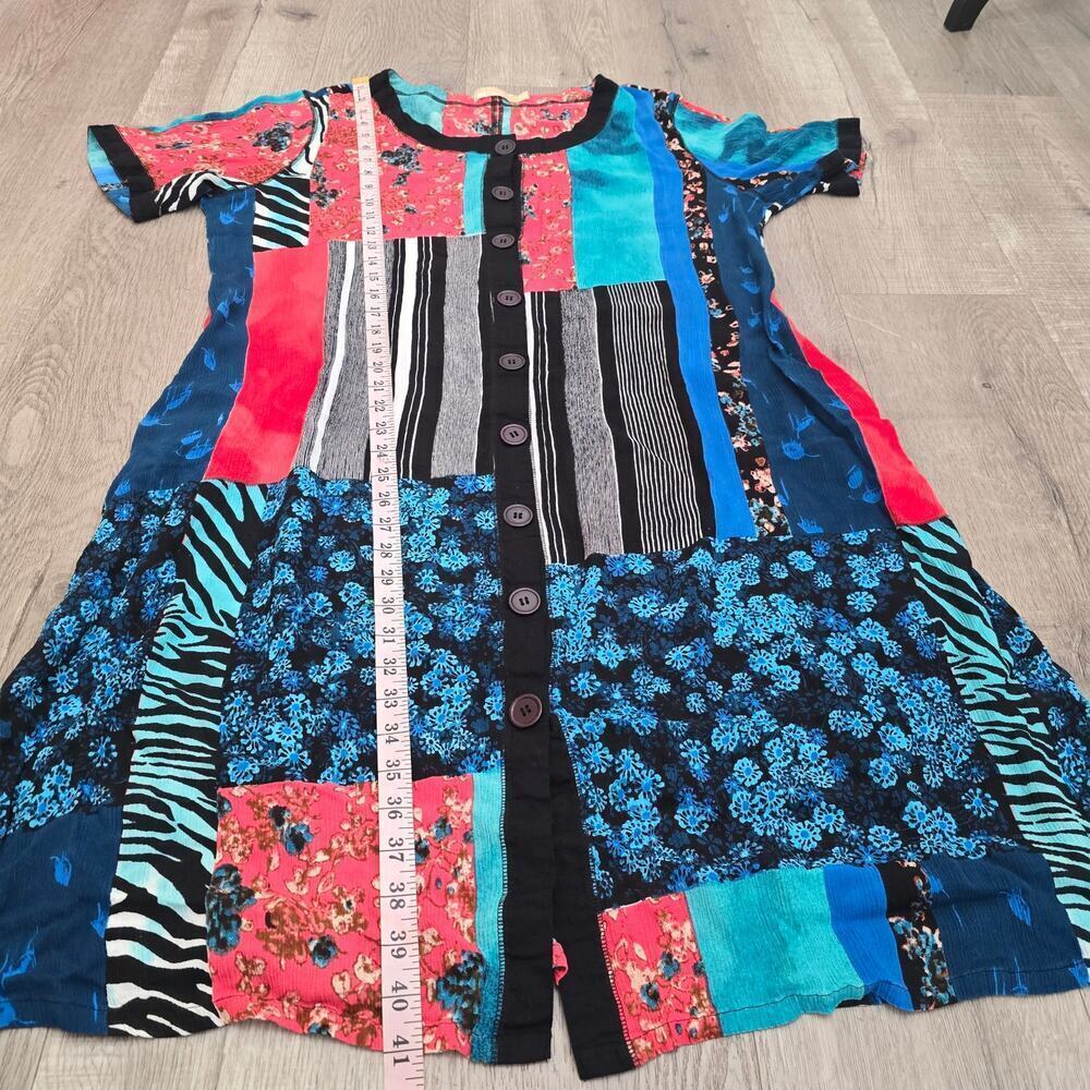 LA CERA Patchwork Button Dress XL Boho Artsy Short Sleeve Lagenlook Bohemian - Picture 8 of 10